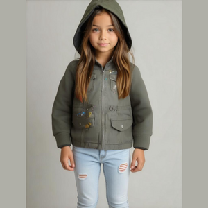 Justice Girls Army Green Splatter Military Hoodie Jacket 8/10